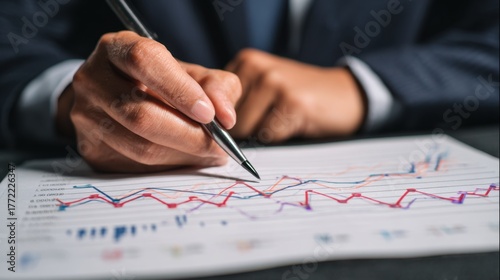 Businessman Hand Analyzing Financial Charts in Dark Office Setting