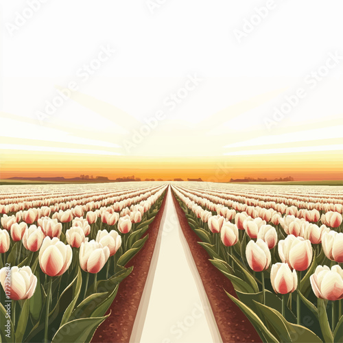Field of White Tulips at Sunset A Serene Floral Landscape.