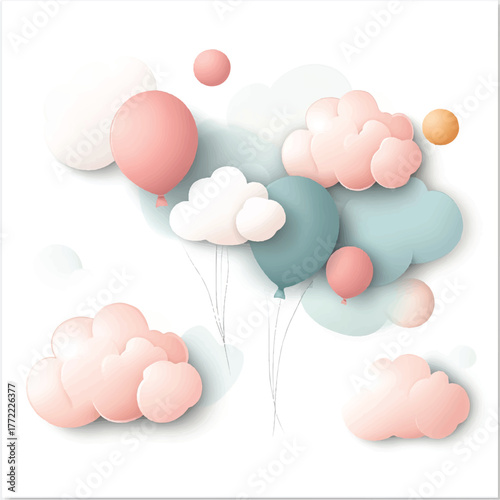 Floating Clouds and Balloons in Pastel Colors