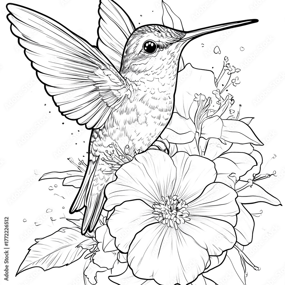 Obraz premium Hummingbird is perched on a flower. The flower is pink and has a yellow center. The bird is small and has a long beak. Concept of peace and tranquility, as the bird is surrounded by nature