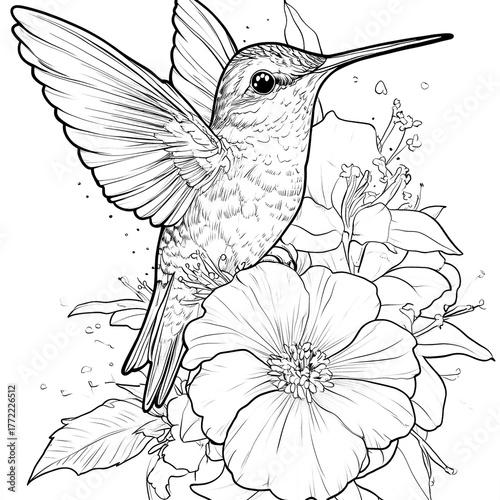 Wallpaper Mural Hummingbird is perched on a flower. The flower is pink and has a yellow center. The bird is small and has a long beak. Concept of peace and tranquility, as the bird is surrounded by nature Torontodigital.ca