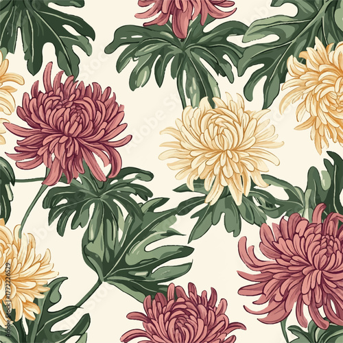  Floral Pattern with Chrysanthemums and Tropical Leaves.