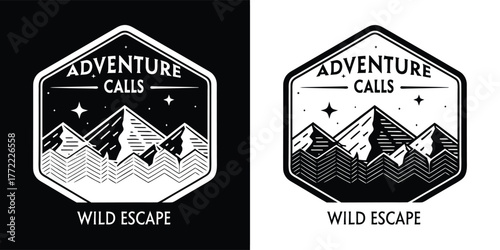 Mountain range emblem with text adventure calls and wild escape on black and white backgrounds, representing exploration and nature