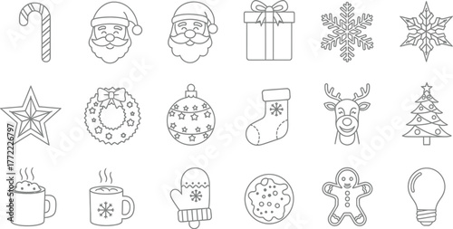 Set of Christmas icons in outline style including Santa, reindeer, gift, tree, and more