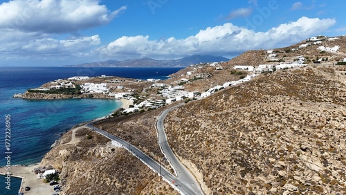 Fototapeta Naklejka Na Ścianę i Meble -  sunny Mykonos Island, Greece in the dry early fall, white-washed homes and luxury resorts attract European tourists
