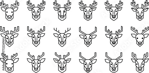 Collection of deer head icons with various antler styles and expressions in minimalist line art
