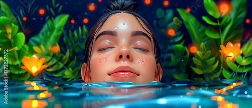 Wallpaper Mural A woman is in a pool of water, with a green background and orange lights Torontodigital.ca