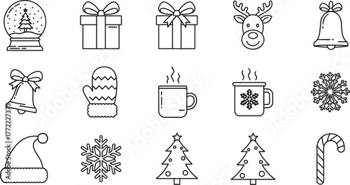 Collection of Christmas doodles with snow globe, gifts, reindeer, bell, mug, and other elements