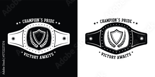 Champions pride victory awaits boxing championship belt with shield and laurel wreath emblem, isolated on white background