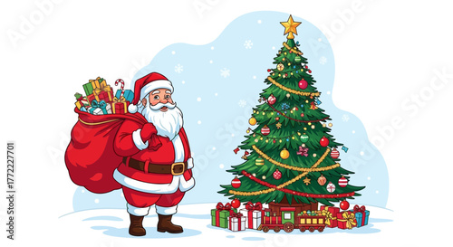 Santa Claus delivering joy with a bag full of gifts next to a sparkling Christmas tree, spreading holiday cheer and festive magic this season