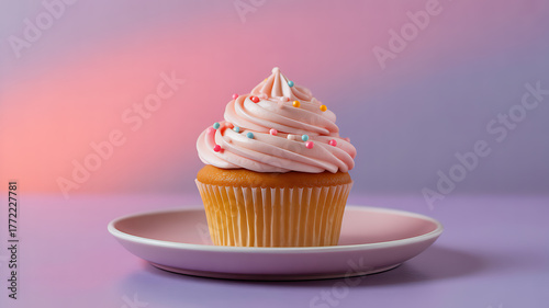 A single cupcake with pink frosting and colorful sprinkles on a plate against a soft gradient background