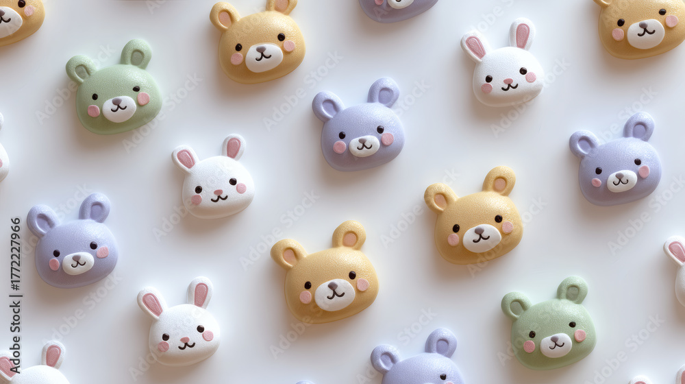 Fototapeta premium A delightful collection of cute, pastel-colored animal charms, including bears and bunnies, arranged on a white background.