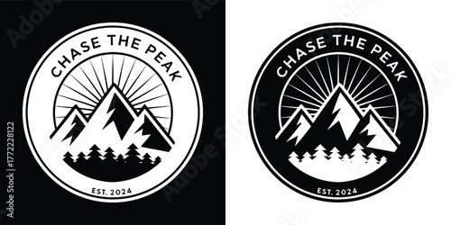 Black and white circular emblem logo featuring mountain peaks and pine trees, representing nature and outdoor exploration