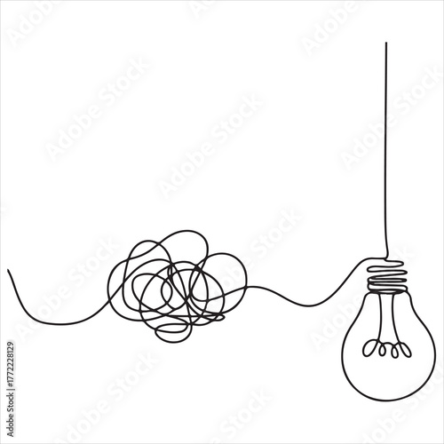 Unraveling Complexity Single-Line Drawing of a Lightbulb Emerging from Tangled Lines