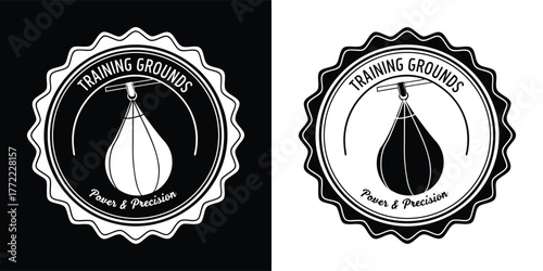 Training grounds boxing speed bag emblem with text form passion in black and white, isolated on white background