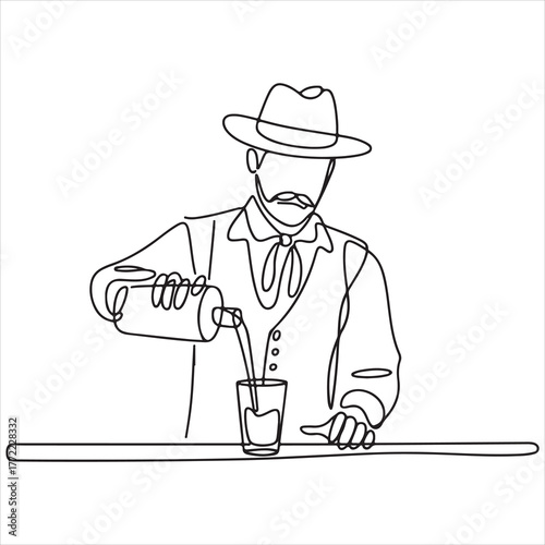 One line drawing of a cowboy bartender pouring a drink from a bottle into a glass at the bar