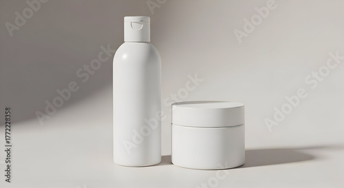 Minimalist white cosmetic bottle and jar mockup on neutral background