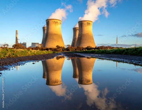 Large industrial cooling towers reflecting in a puddle