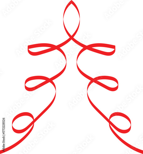 Red ribbon forming a stylized Christmas tree shape with loops on white background holiday