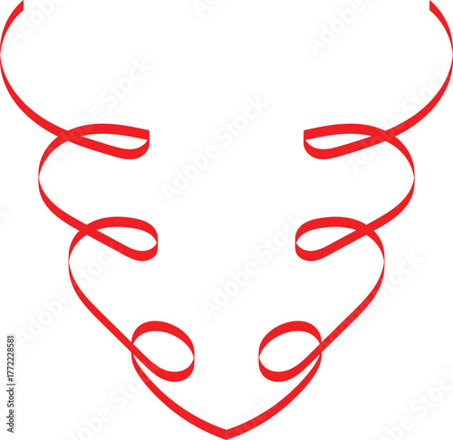 Red ribbon forming a symmetrical heart shape with swirling loops on white background love