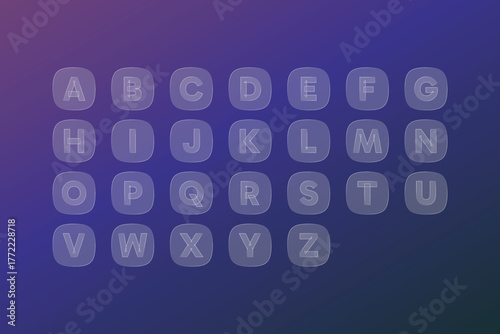 Alphabet icons with glass, liquid effect. Set of letters, abc buttons for interface design. Vector elements