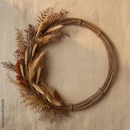 Rustic woven christmas garland corner with dried flowers and twine accents