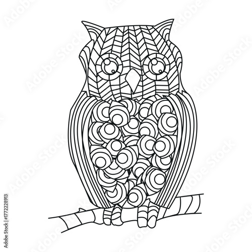 Owl sketch for a coloring page, book. Cute, simple sketch for kids to color. Vector Illustration