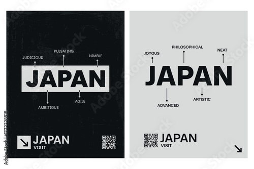 Visit Japan vector placard set. Travel image with typographic conceptual and modern design, utilitarian style