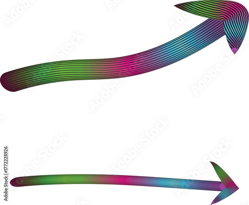 Two colorful striped arrows pointing in opposite directions on white background movement change