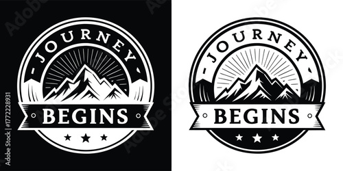 Inspirational emblem with mountains and sun rays, featuring the text journey begins, symbolizing adventure and new beginnings, in black and white