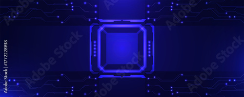 Futuristic blue technology background with glowing digital circuit lines and modern interface frame design. Perfect for cyber innovation, communication systems, presentations, and high-tech concepts.