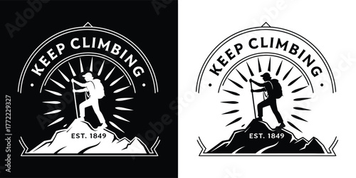 Vintage emblem with a climber on a mountain peak, keep climbing text, and sunburst effect, isolated on white background