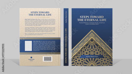 Elegant Islamic Book Cover Template in Blue and Beige with Geometric Pattern and Decorative Borders