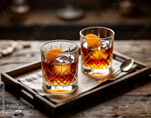 Two glasses of whiskey on a wooden tray with an orange slice garnish