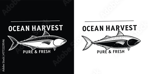 Vintage handdrawn illustration of a tuna fish with text ocean harvest and pure fresh, presented in both black and white versions for versatile design applications
