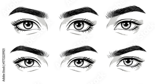 Elegant eyes with defined brows and long lashes create a captivating, modern beauty statement