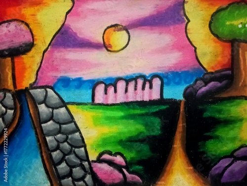Konstfotografi Colorful Oil Pastel Drawing of Fantasy Landscape with Sunset, River, and Hills