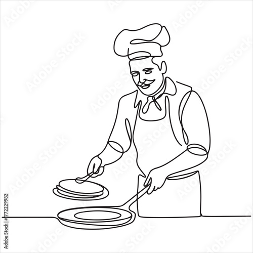 Continuous line art depicting a cheerful chef expertly flipping golden pancakes, symbolizing culinary joy and breakfast preparation