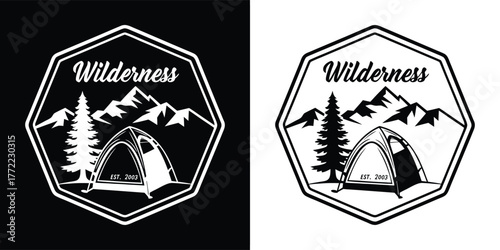 Retro emblem depicting a wilderness camping scene with mountains, pine trees, and a tent, suitable for outdoor adventure branding, in black and white