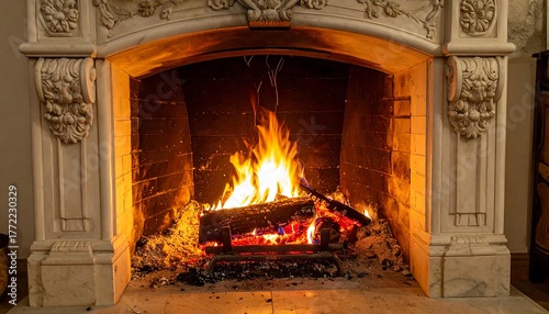 Ornate fireplace ablaze with fire and glowing embers