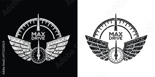 Distressed winged emblem with max drive text, displayed on dark and white backgrounds, suggesting maximum effort