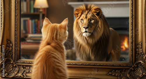 A gilded frame shows a lion gazing toward a curious orange kitten in a bright warm cozy living room