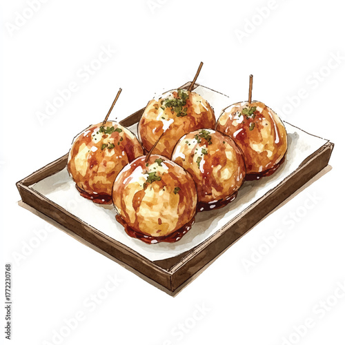 Delicious Takoyaki Balls on a Wooden Tray with Sauce.