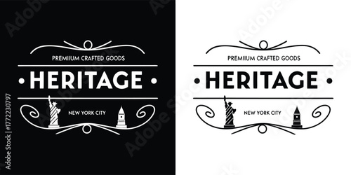 Heritage logo featuring iconic landmarks and text, displayed in contrasting black and white formats