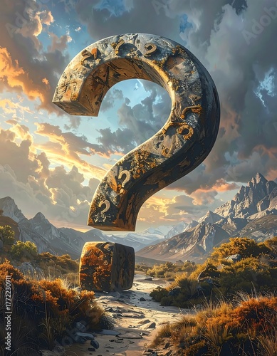 Large stone question mark floats over a mountain landscape