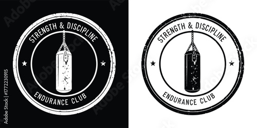 Strength and discipline boxing speed bag emblem with text endurance club in black and white, isolated on white background