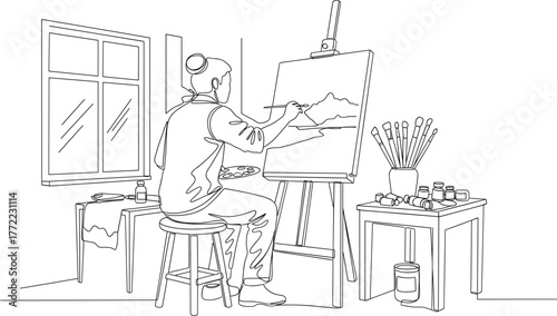 Artist studio illustration—person painting landscape on canvas with palette, brushes, and tools in room, line art vector 