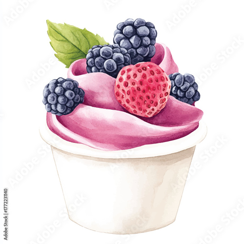 Delicious Watercolor Painting of a Berry Frozen Yogurt Cup.