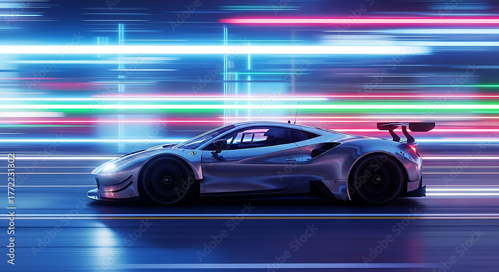 Fototapeta premium Sleek neon-lit sports car roars along a rain-soaked street, dim neon trails shimmer across pavement