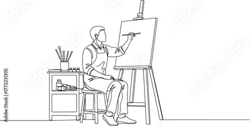 Artist at work illustration—person painting on canvas with brushes and supplies in studio, minimalist black-and-white line art vector